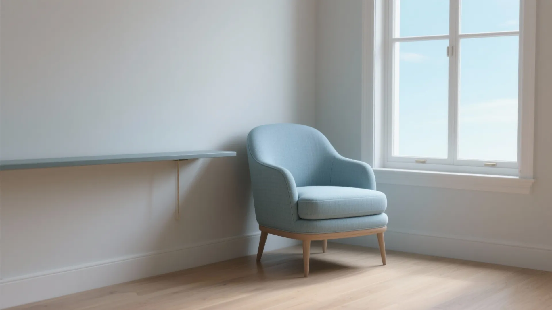 Compact room with a pale sky-blue slipper chair beside a slim console near a window