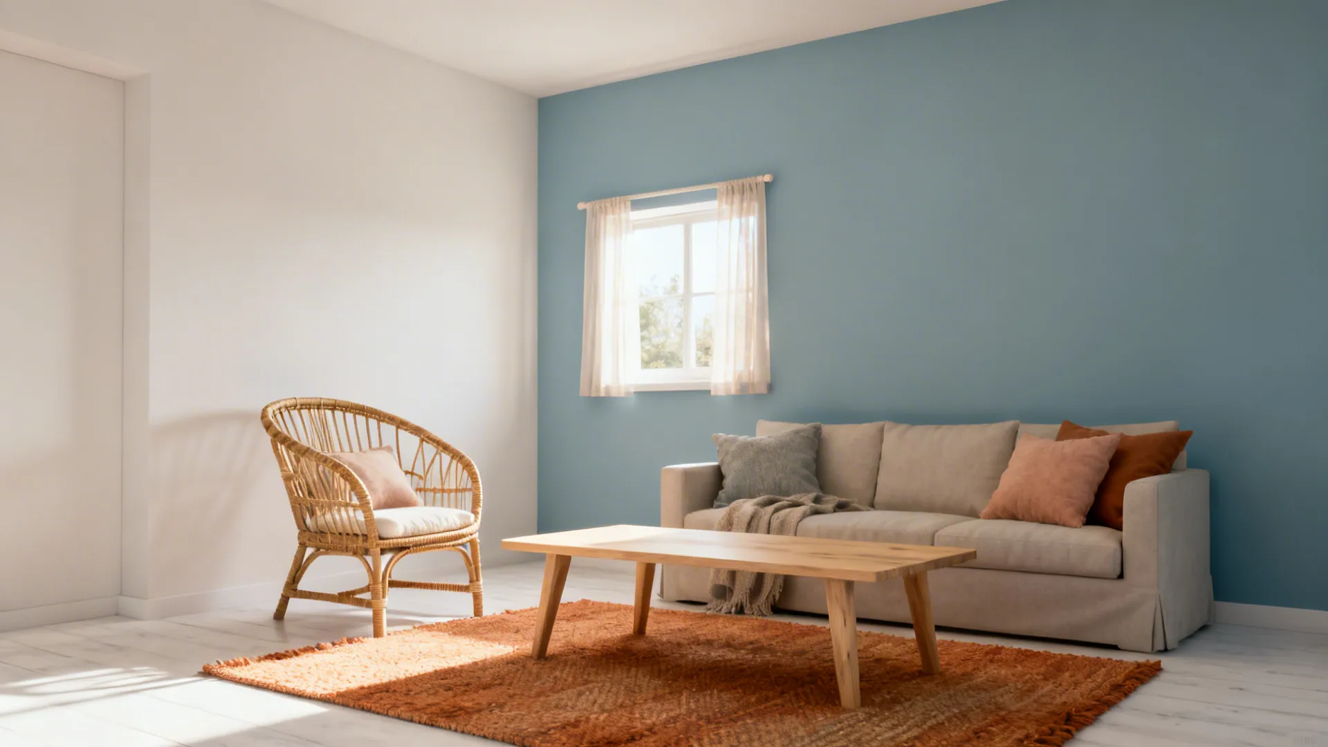 Minimalist living room with blue wall, beige sofa, wicker chair, wooden table, and orange rug