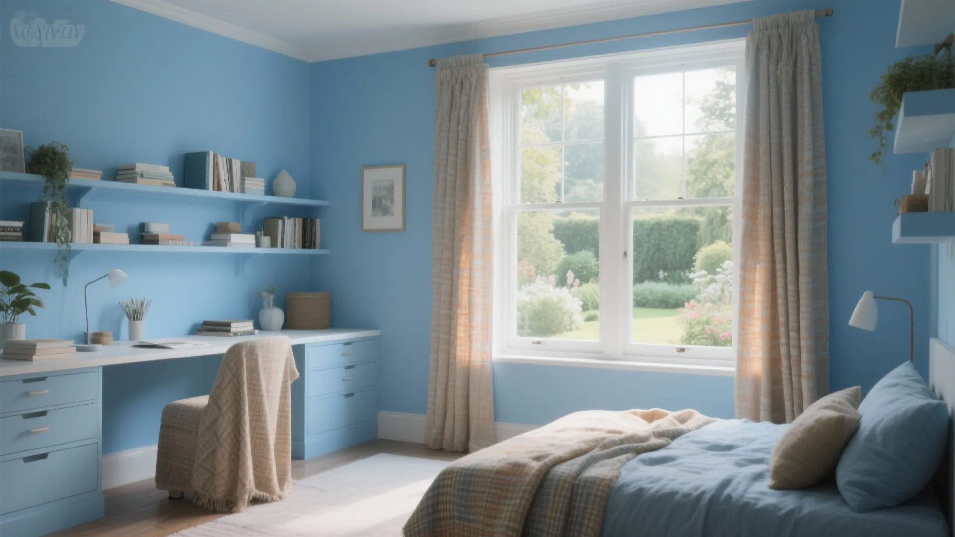 Blue bedroom interior design featuring white desk wall shelves large window and light blue bedding