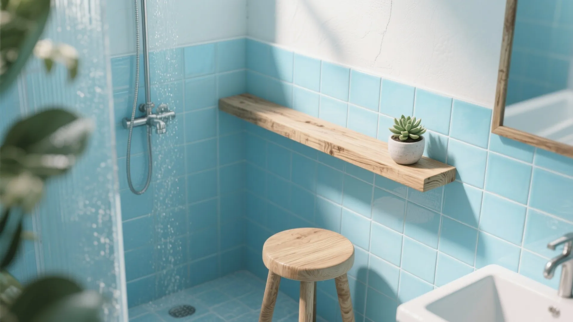 2. Sky Blue Tiles + Recycled Teak Accents