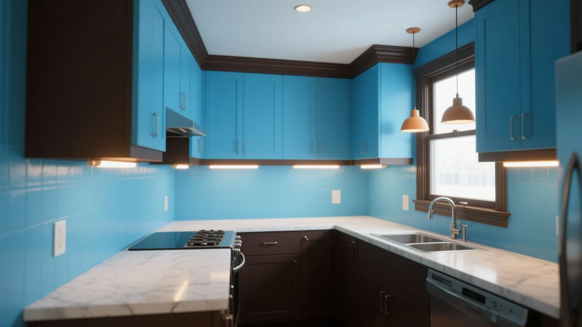 5. Sky Blue Walls with Dark Brown Trim and Smart Lighting