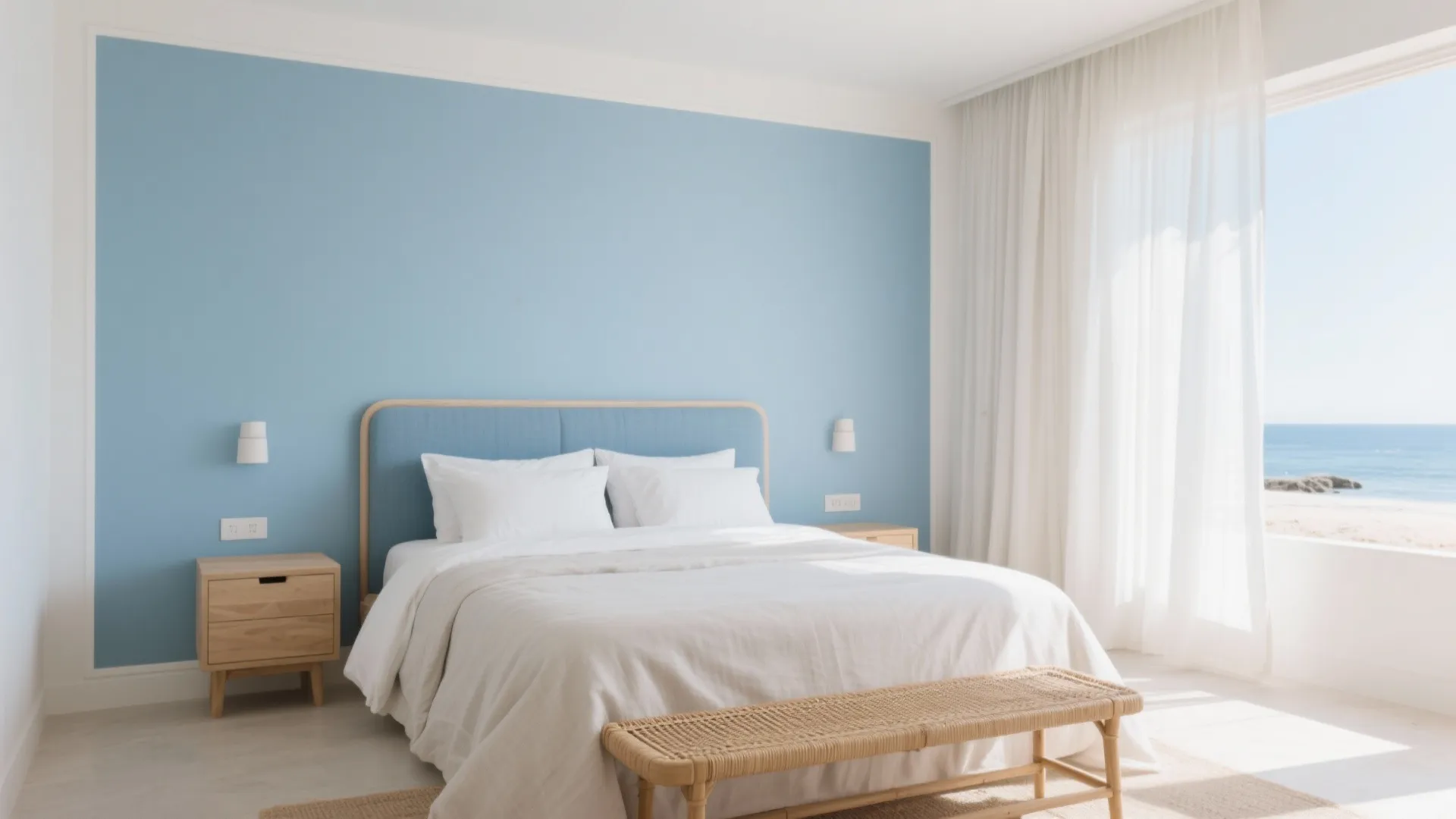 Bright bedroom with blue wall white bed wooden nightstand and window showing a blue ocean