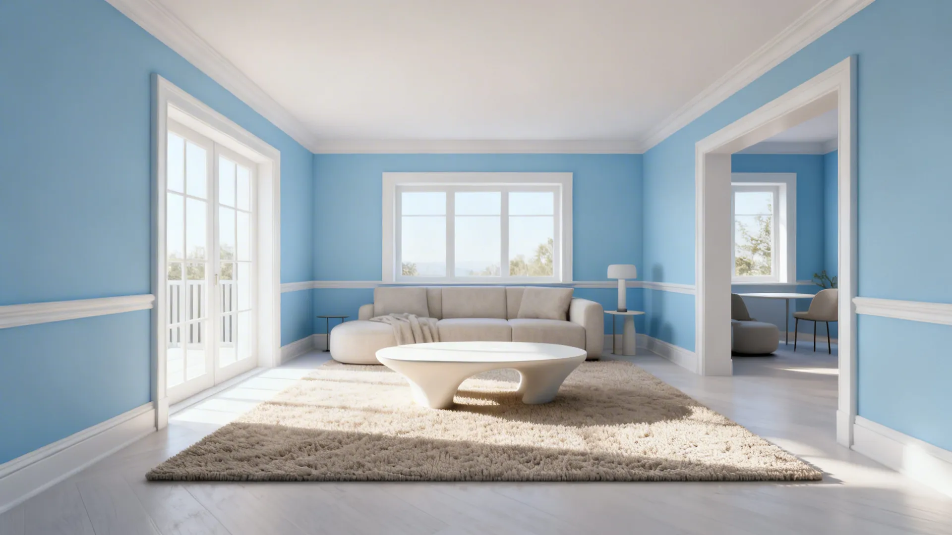 Bright living room with light blue walls white wall panels grey sofa and white rug