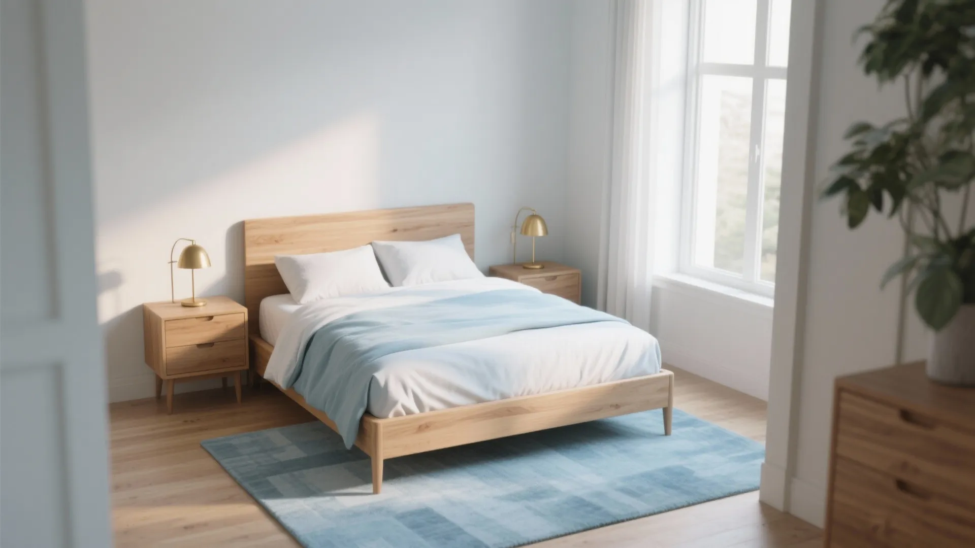 Modern wooden bedroom featuring light blue rug and white bedding with soft natural sunlight through window