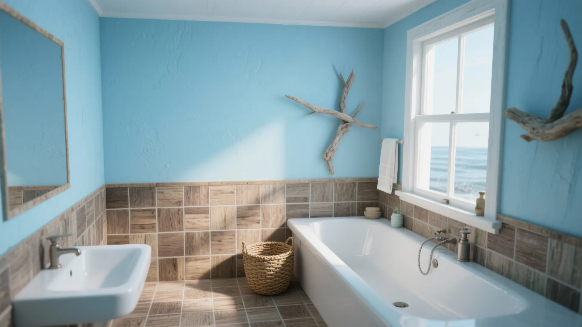 2. Sky blue walls with reclaimed brown wood-look tiles