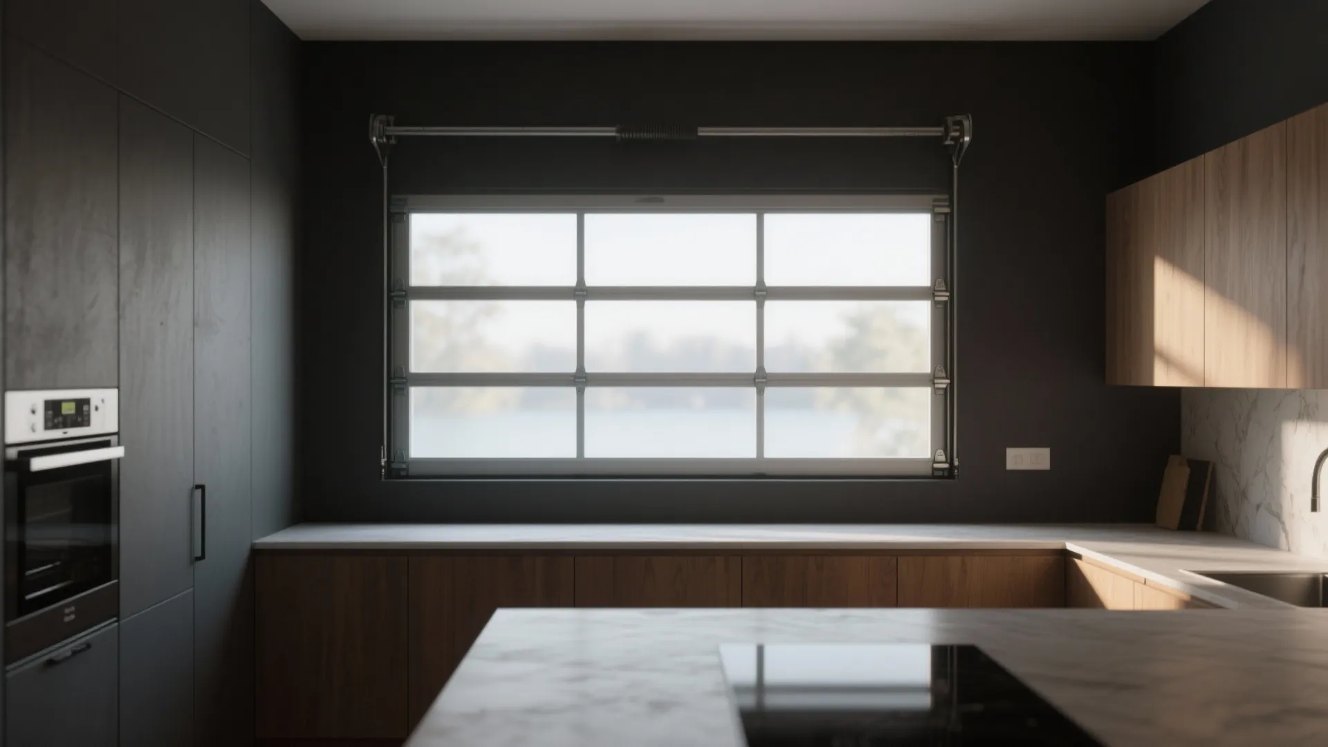 Long horizontal garage-style window high on a kitchen wall bringing broad daylight into the room.