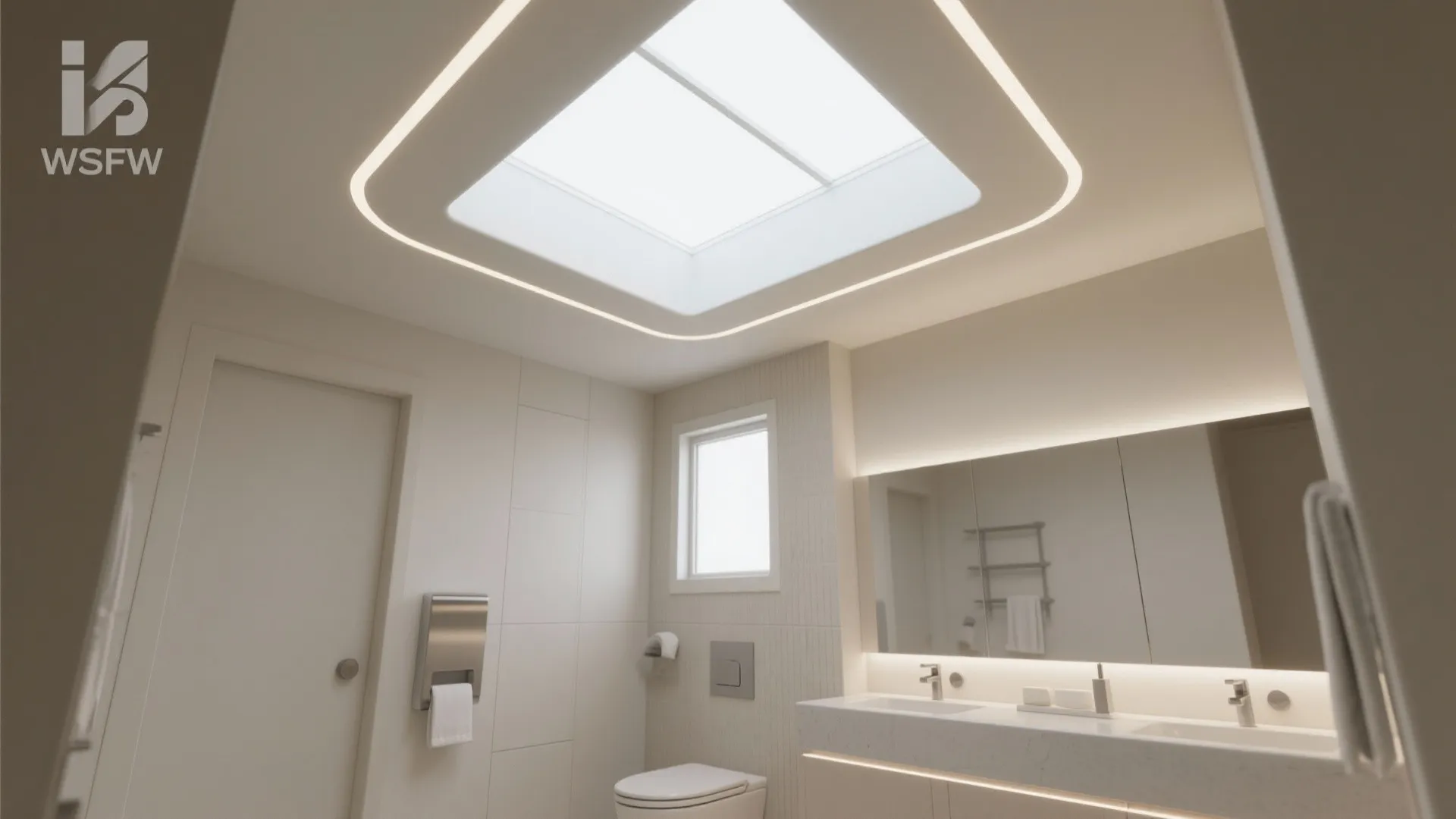 Modern white bathroom with square roof window bright ceiling light large mirror and marble sink