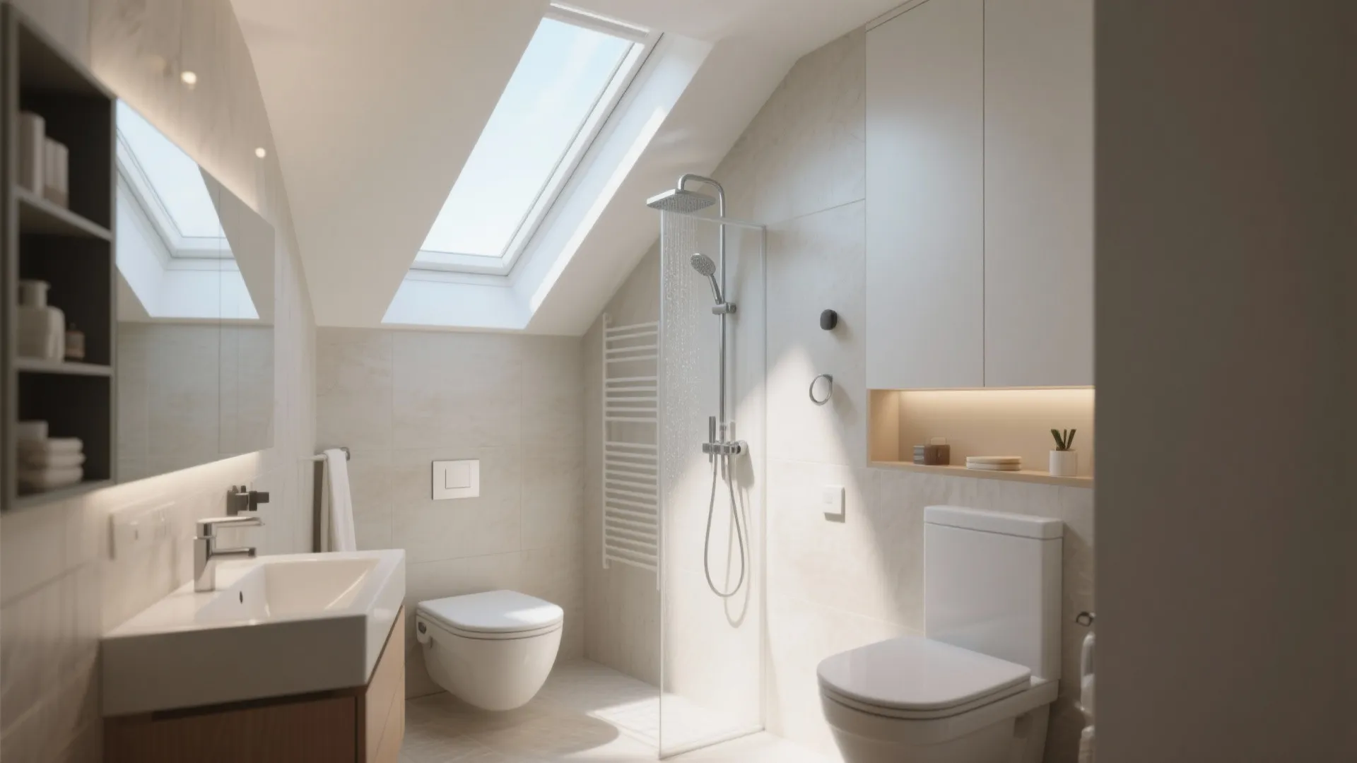 Small attic bathroom with roof window glass shower white toilet sink and bright natural day lighting