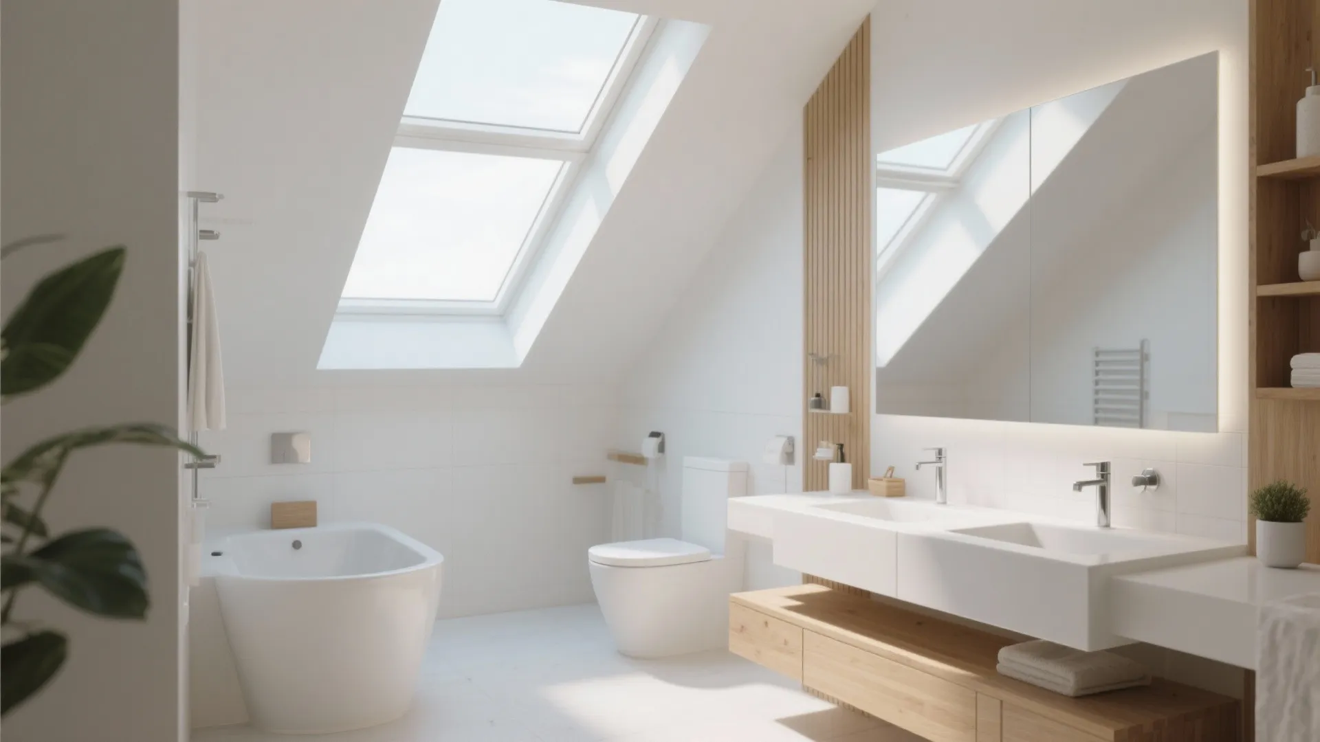 White bathroom with roof window large mirror double sink white bathtub and wooden wall panel accents