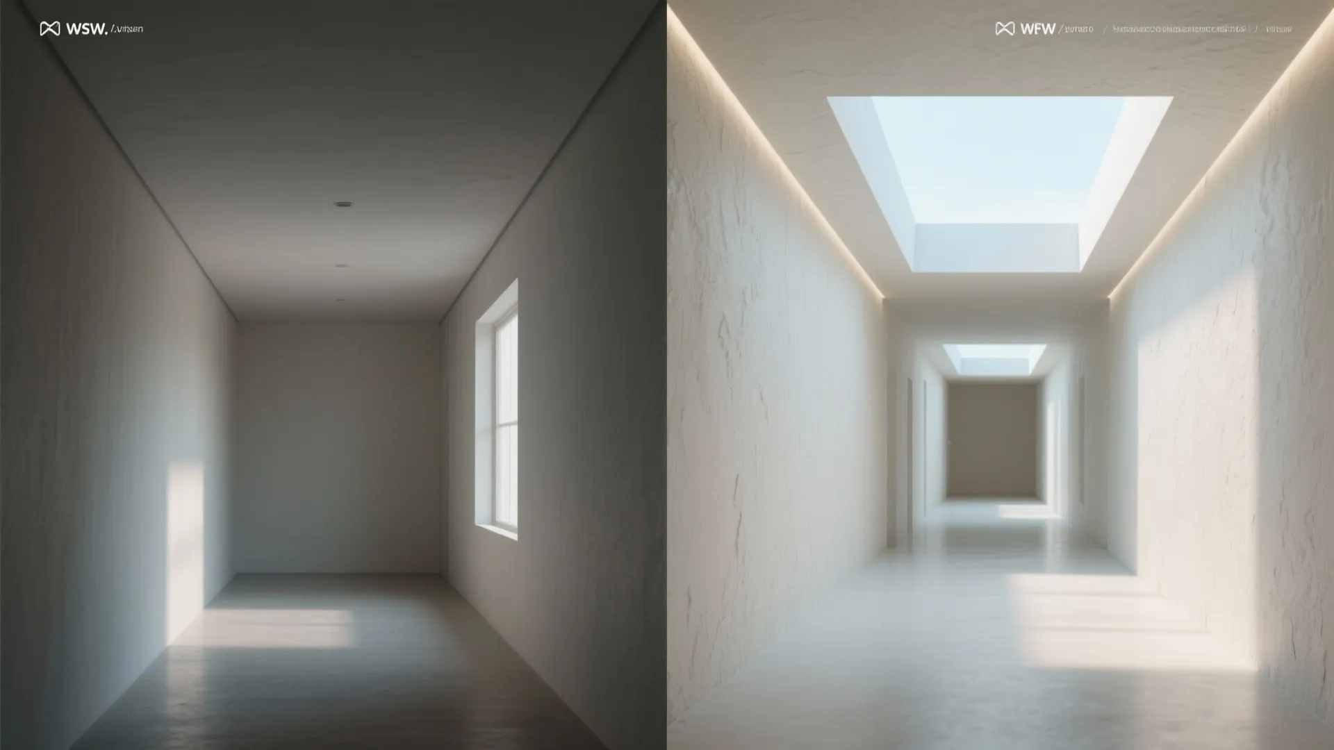 Before-and-after of windowless hall adding faux skylight and plaster texture for brighter ambiance.