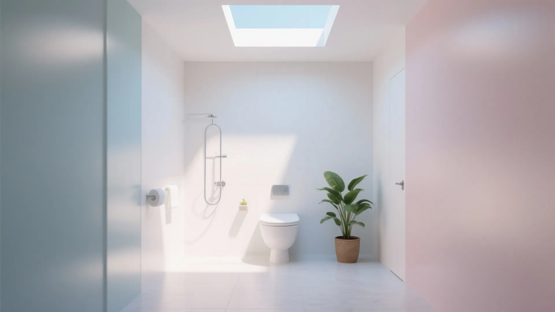 Bright bathroom with skylight and light-colored walls