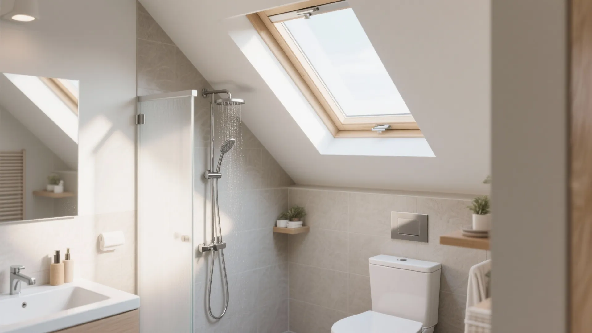 Modern bathroom under sloped ceiling with glass shower toilet white sink and large roof window