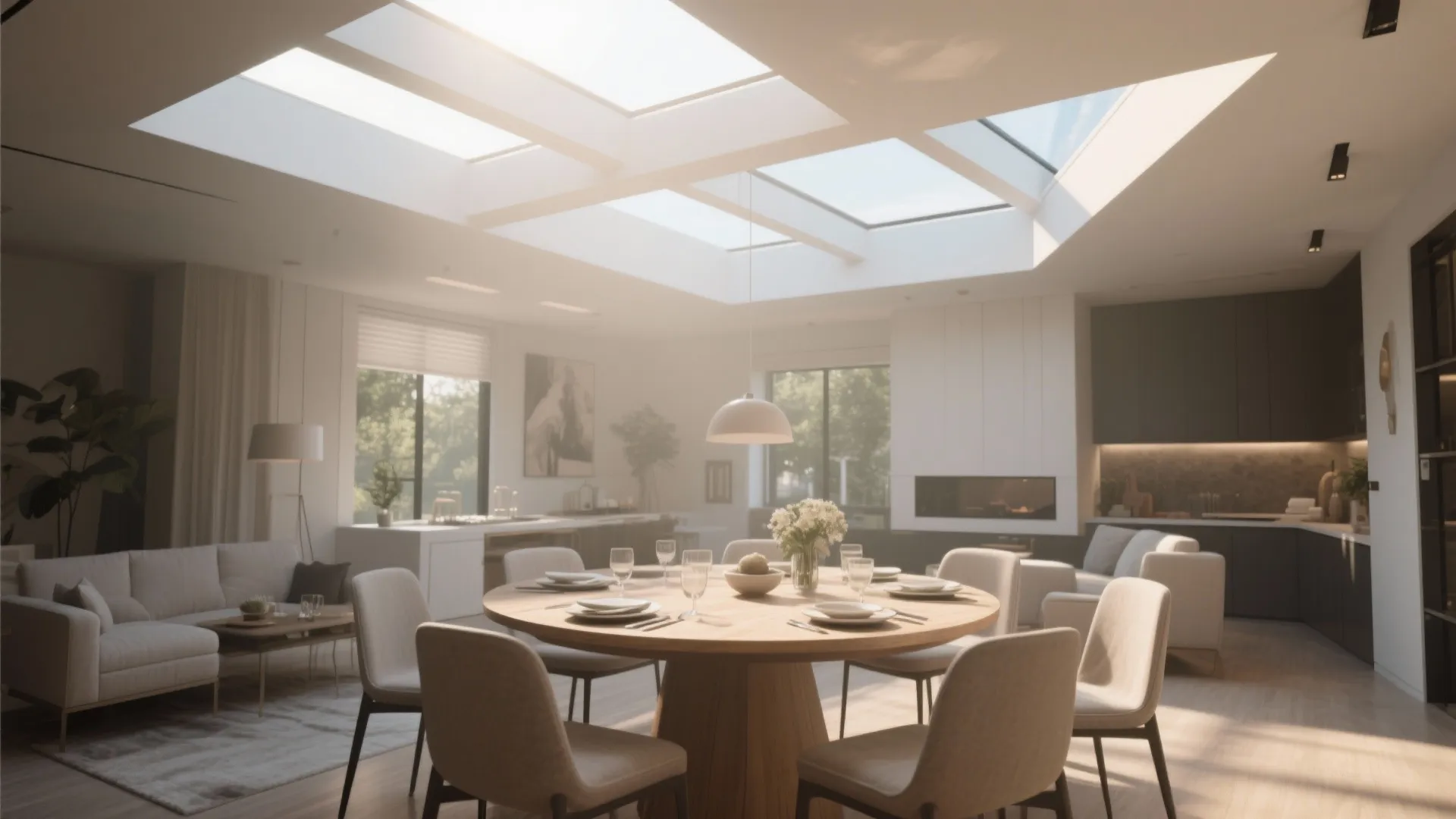 Contemporary dining room with skylights over the table