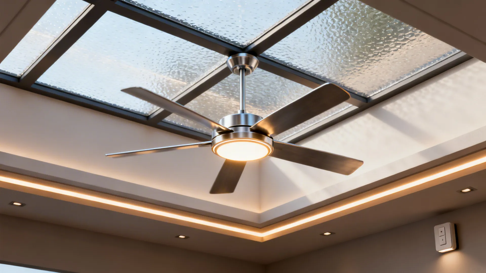 Skylight paired with a ceiling fan that has integrated LED lighting, showing blended daylight and warm artificial light.