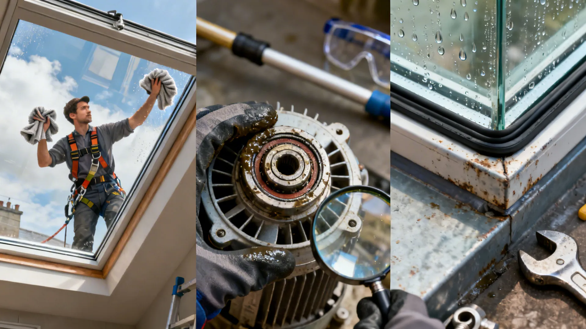 Maintenance montage showing skylight cleaning, fan bearing check, and double-glazed skylight seals.