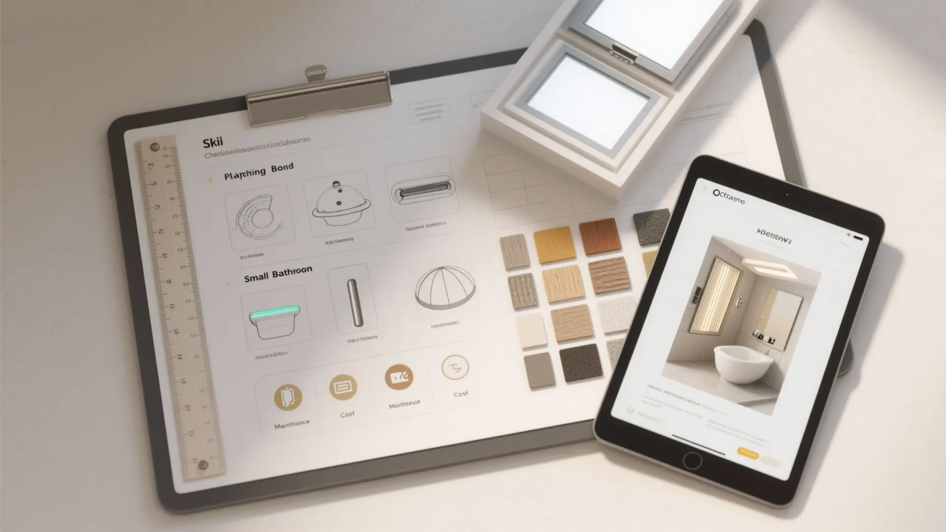 Top-down planning board with checklist, swatches, and skylight thumbnails for small bathroom decisions.
