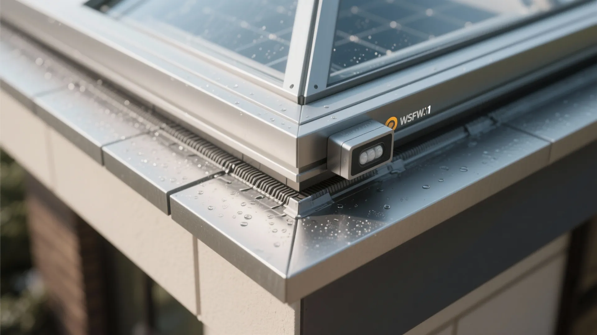 Close up of a modern roof window frame with water drops and a small sensor device