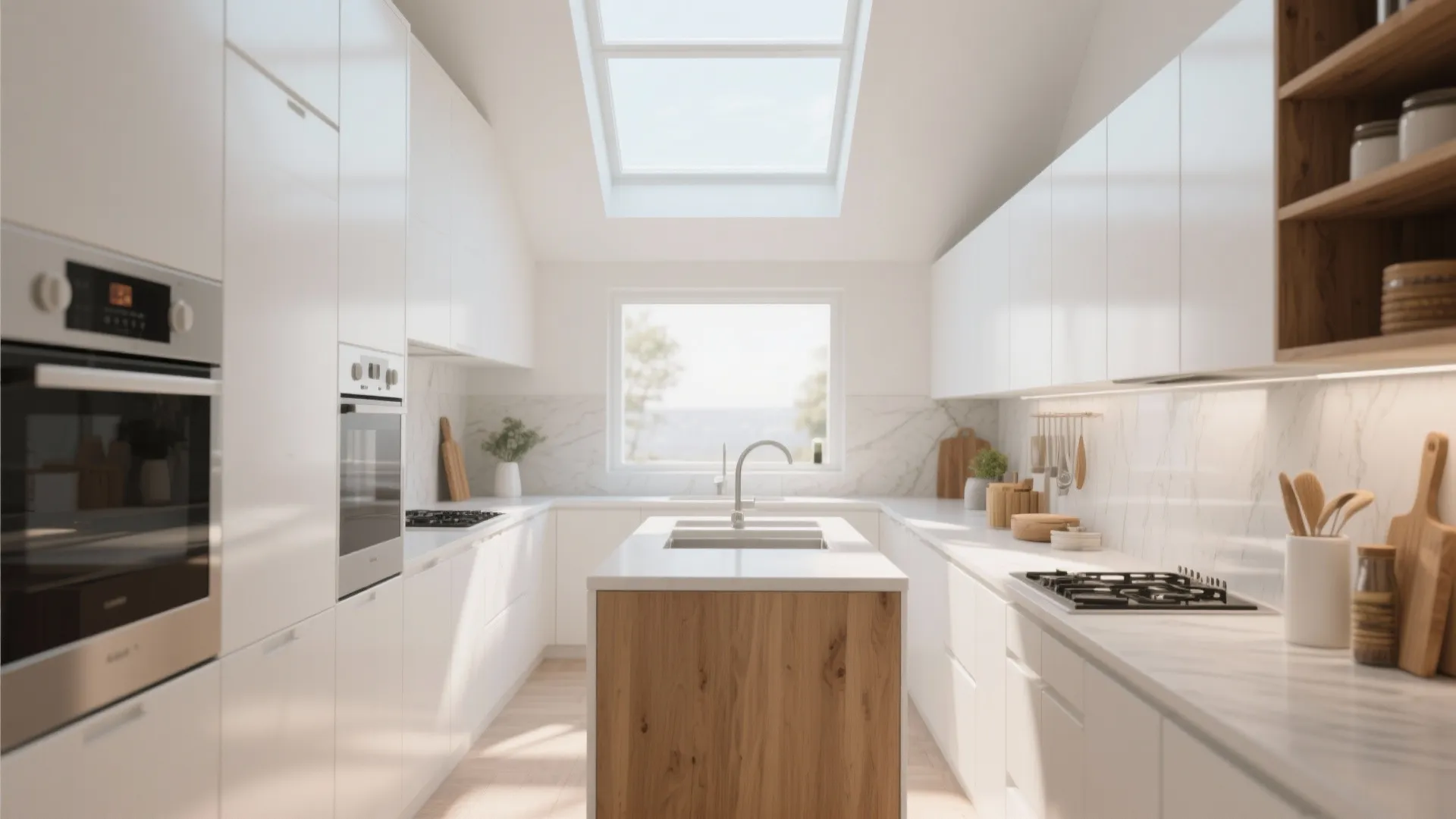 Modern white kitchen featuring wooden island central sink large roof window and bright natural lighting