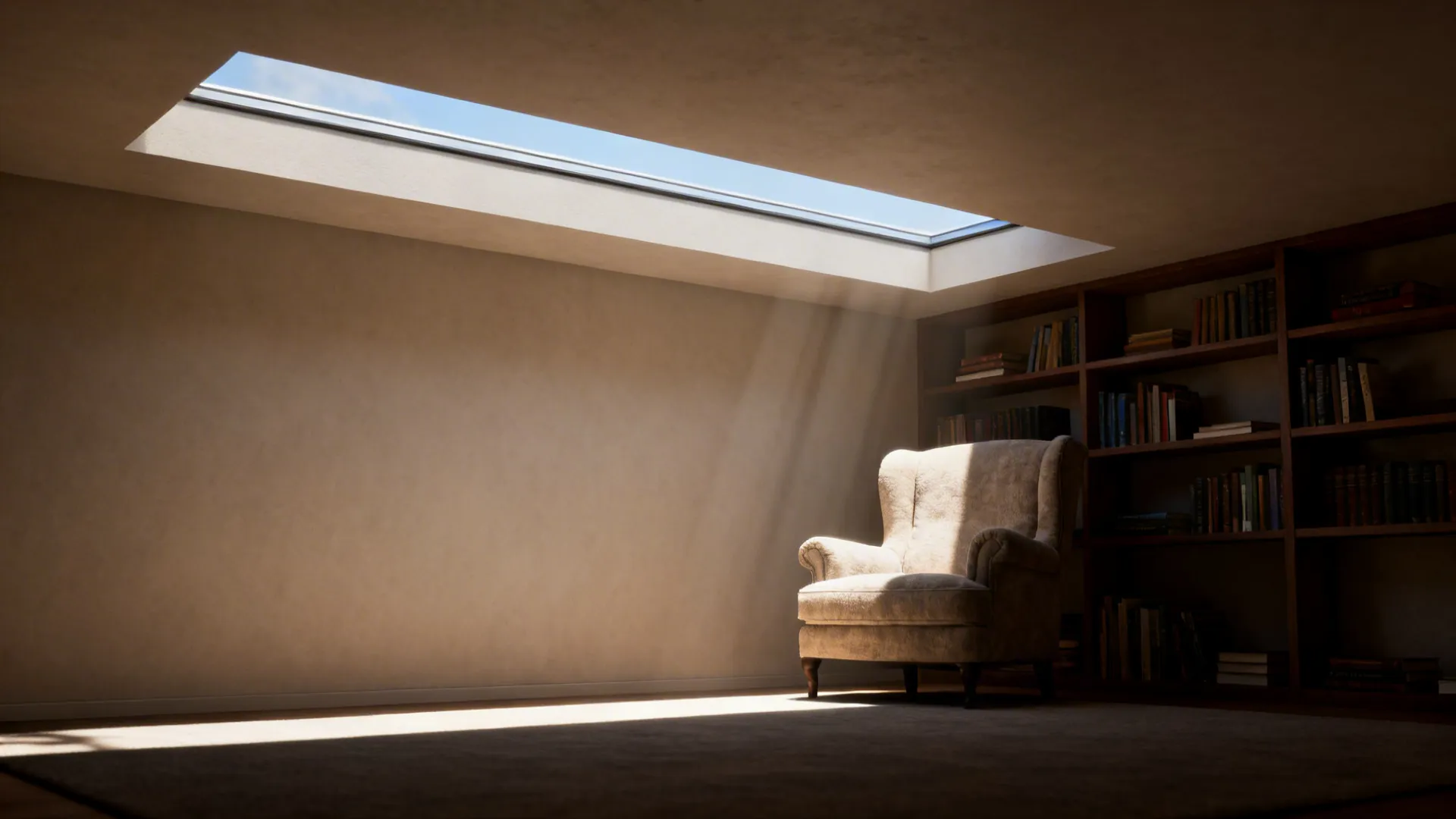 Reading nook lit by a narrow integrated skylight groove within a false ceiling.