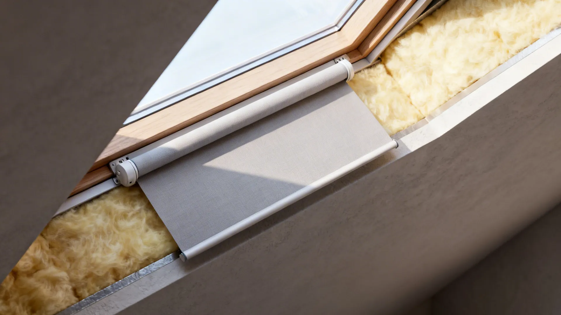 Roof window with grey roller curtain installed next to yellow insulation material inside the wall