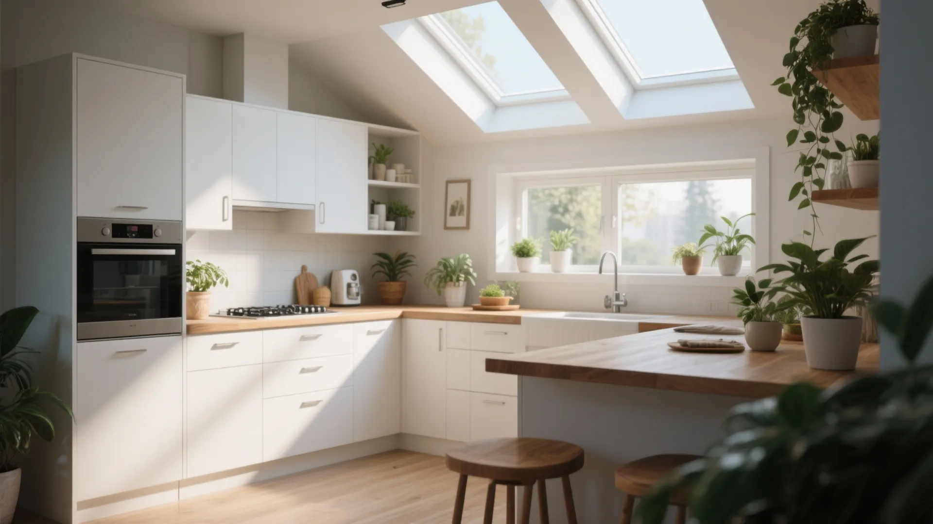 Bright white kitchen with wooden countertops large roof windows potted plants and natural sunlight indoor view