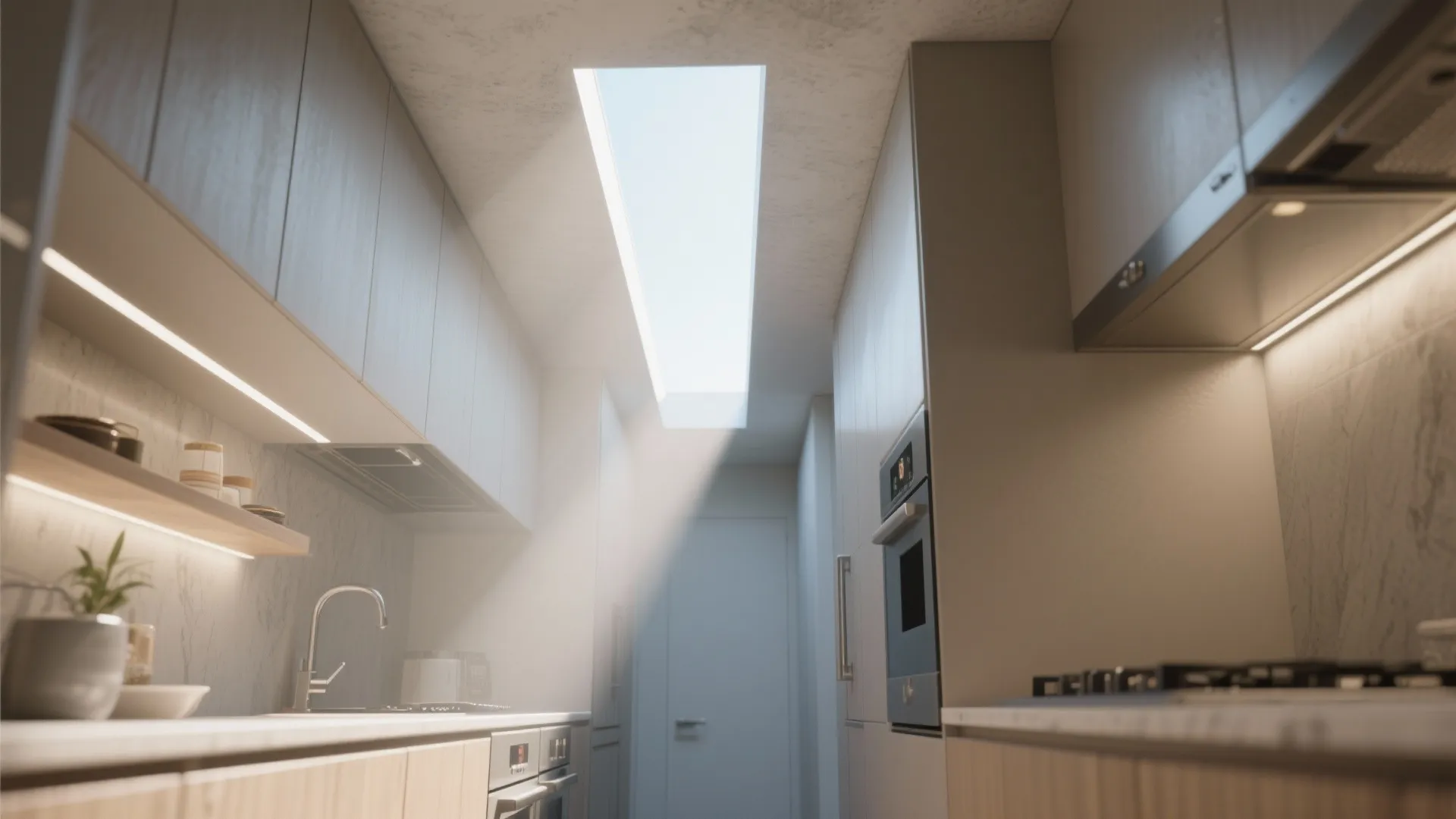 Bright narrow kitchen with large roof window allowing natural sunlight over white cabinets and sink
