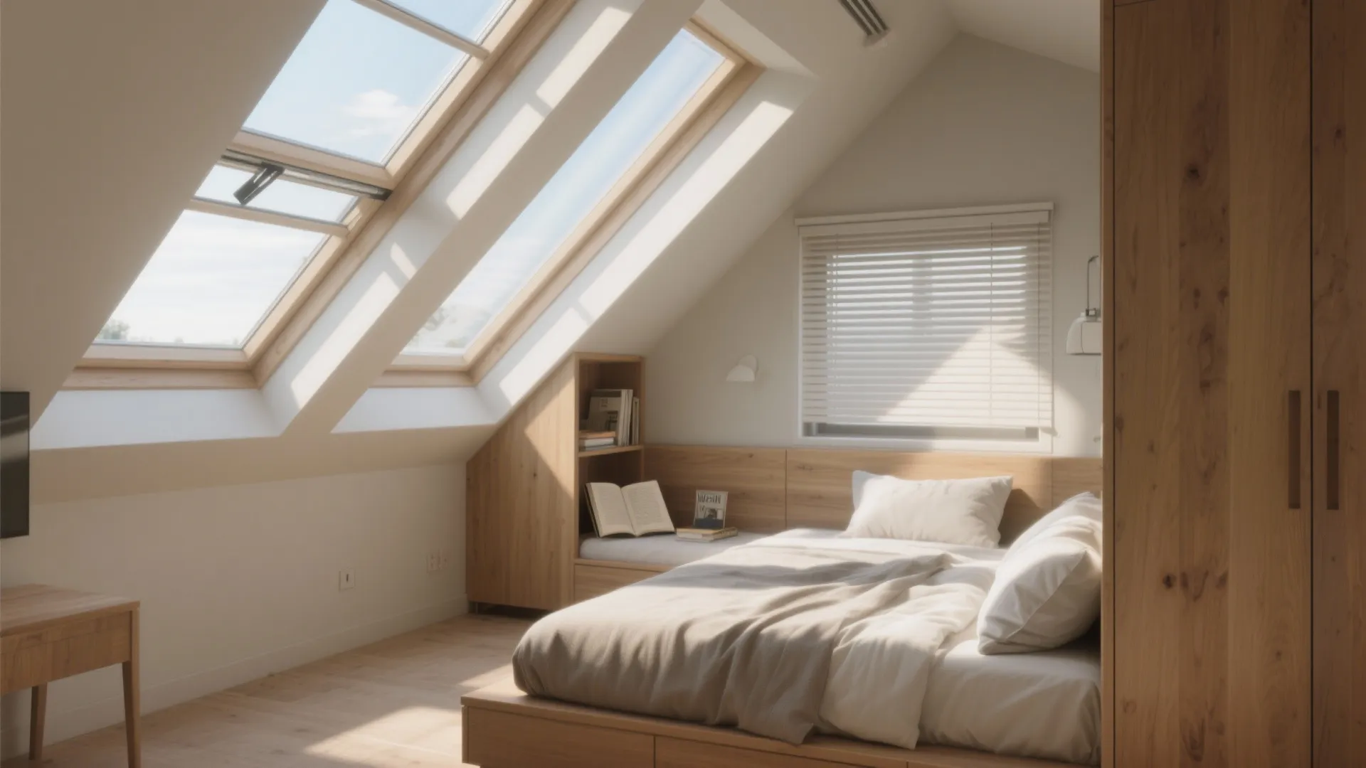Bright attic bedroom featuring large roof windows wooden furniture white walls and warm natural morning light