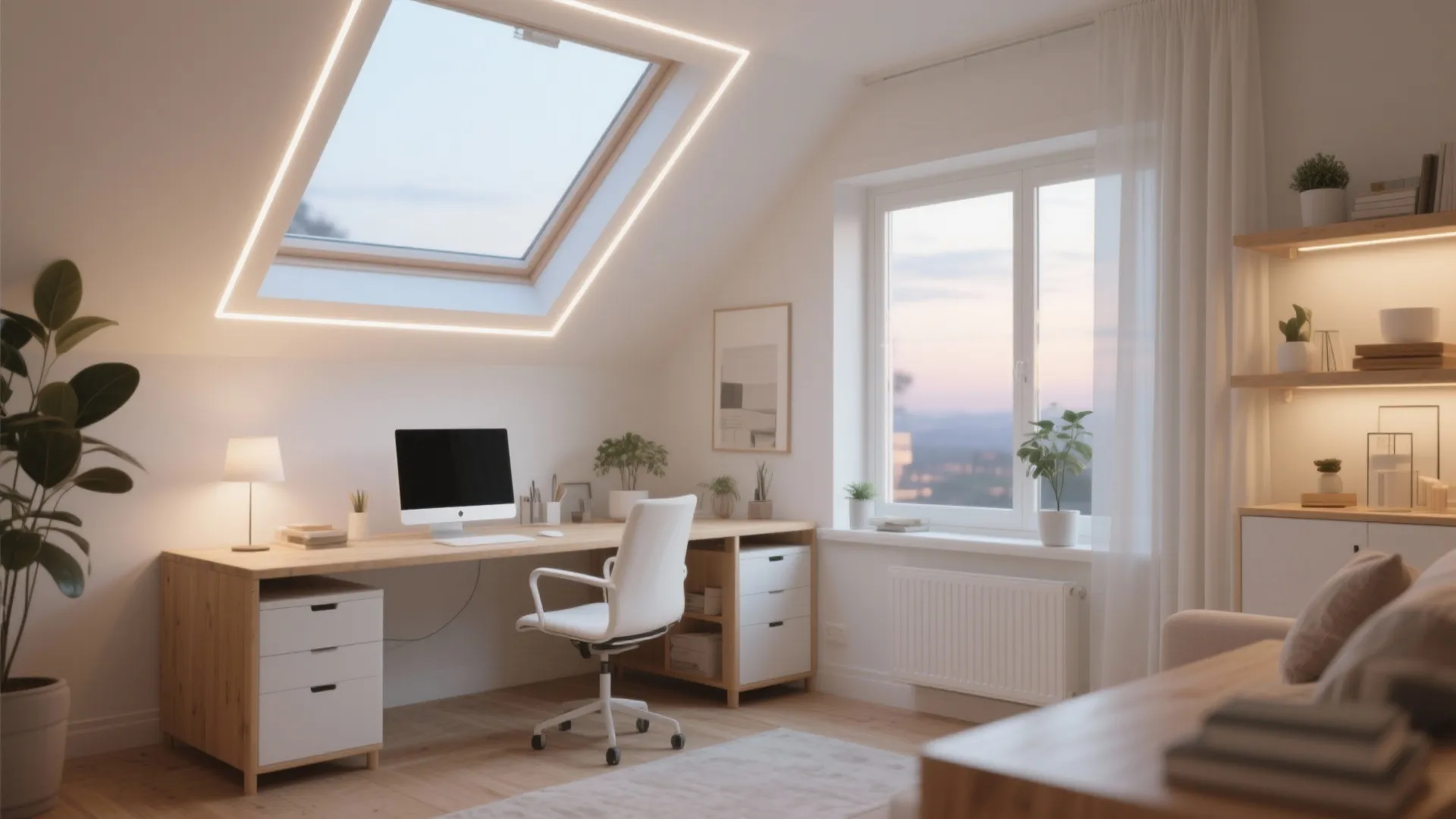 Home office with skylight and hidden LED lighting
