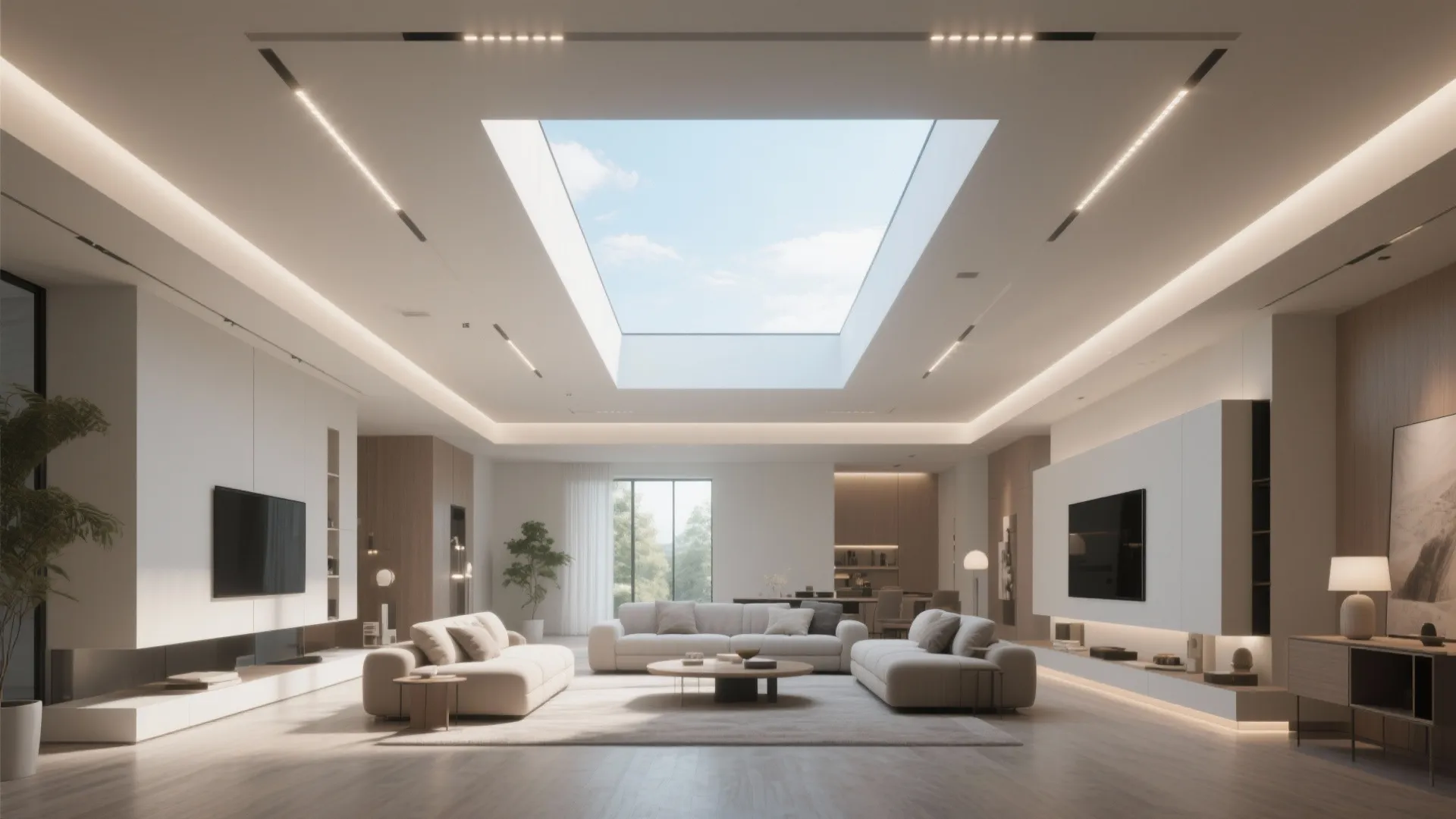 High ceiling living room with central skylight and soft LED lighting