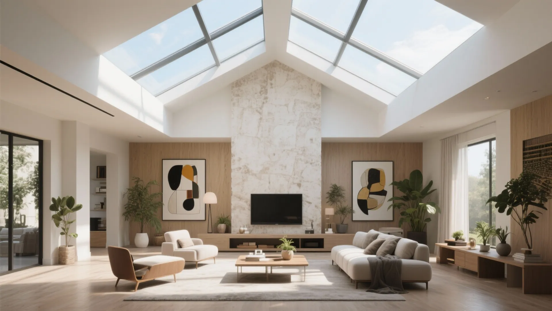Modern bright living room with large roof windows white sofa stone wall and light wood flooring