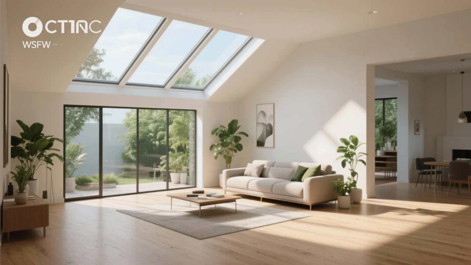 Bright open living room with white sofa, wooden floor, green plants, and three roof windows