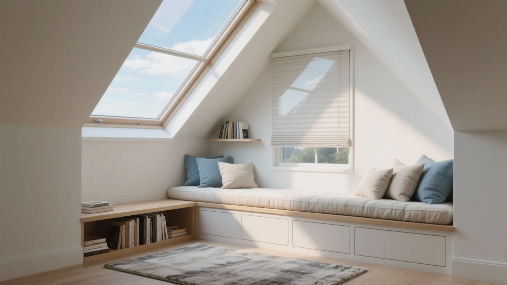 Cozy attic reading nook with roof window, white bench, blue pillows, bookshelf, and grey rug