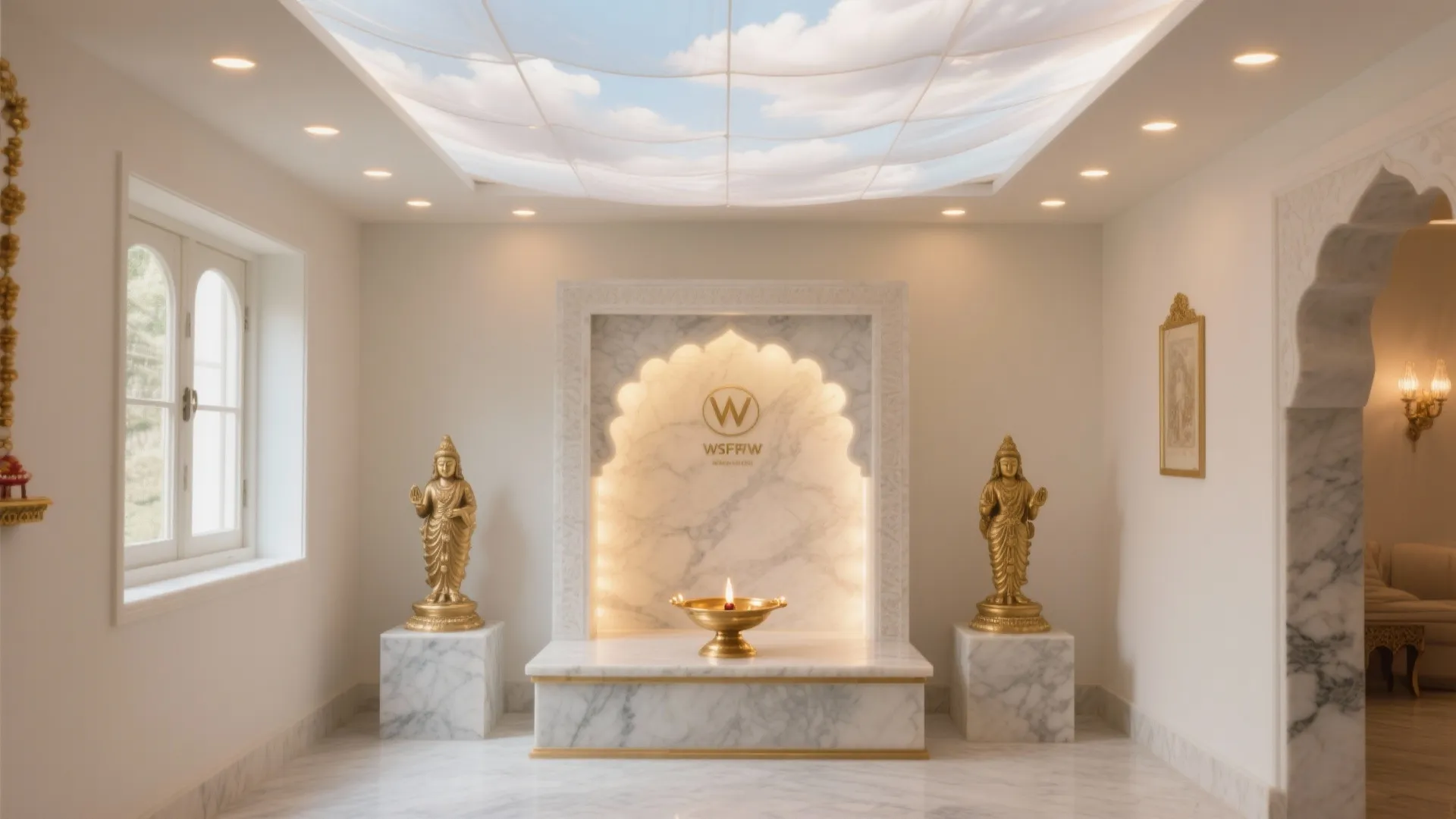 Translucent stretch ceiling panel diffusing warm light in a windowless pooja alcove.