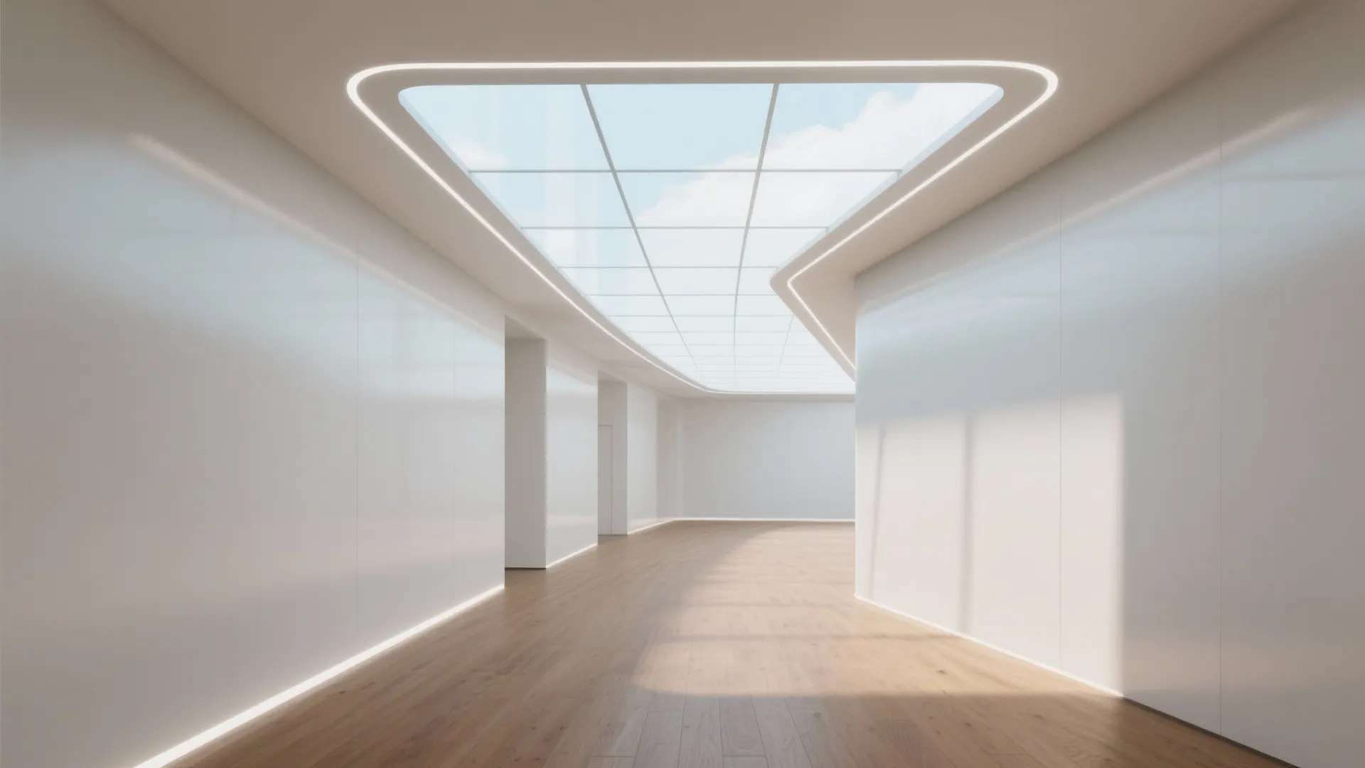 Bright hallway with white walls wooden floor and large curved ceiling light showing blue sky
