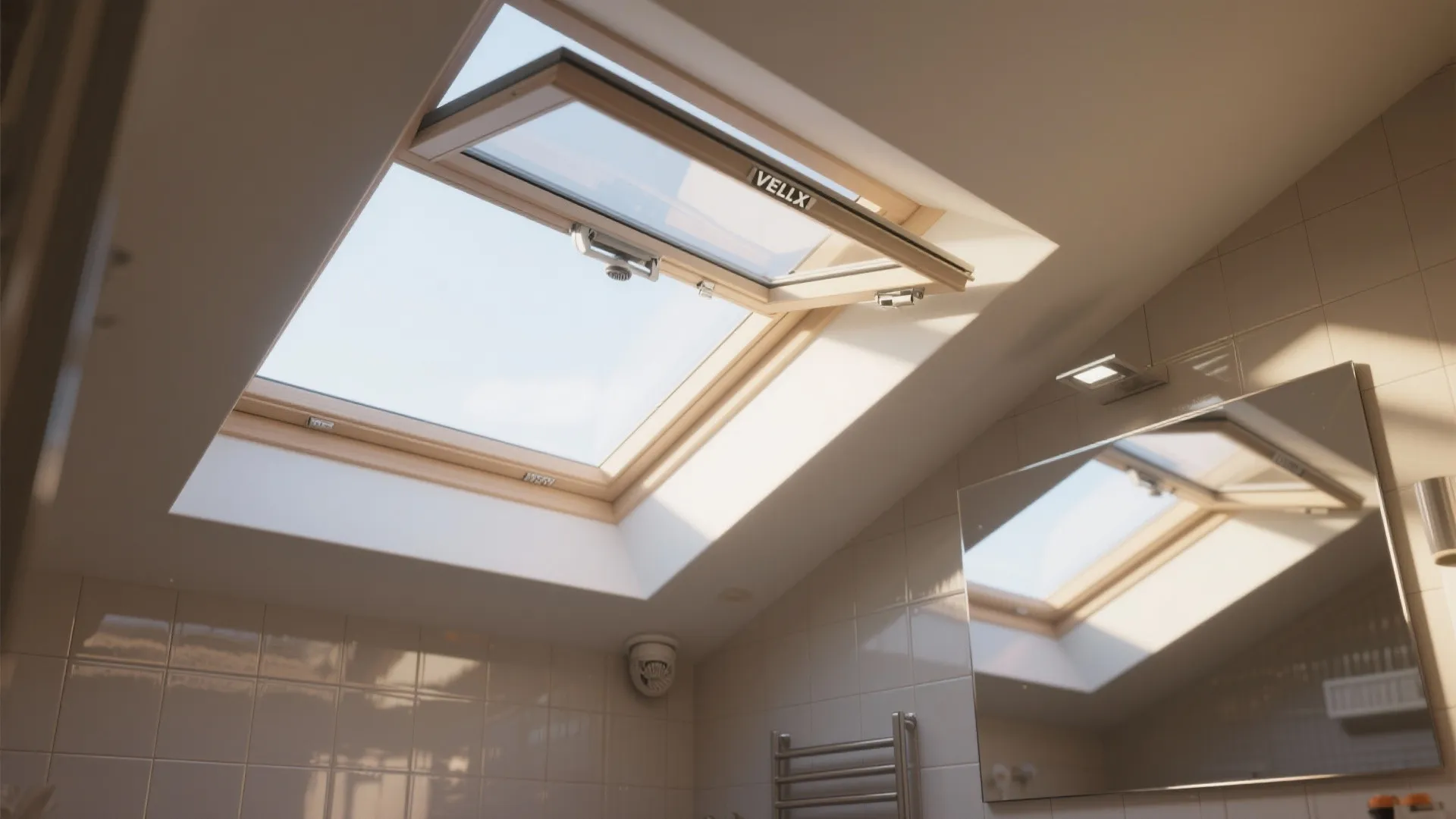 Skylight illuminating an attic bathroom with glossy tiles and a large mirror.