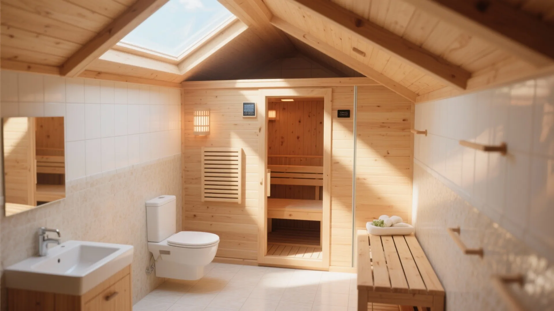 Compact sauna under a skylight with sunlight streaming in