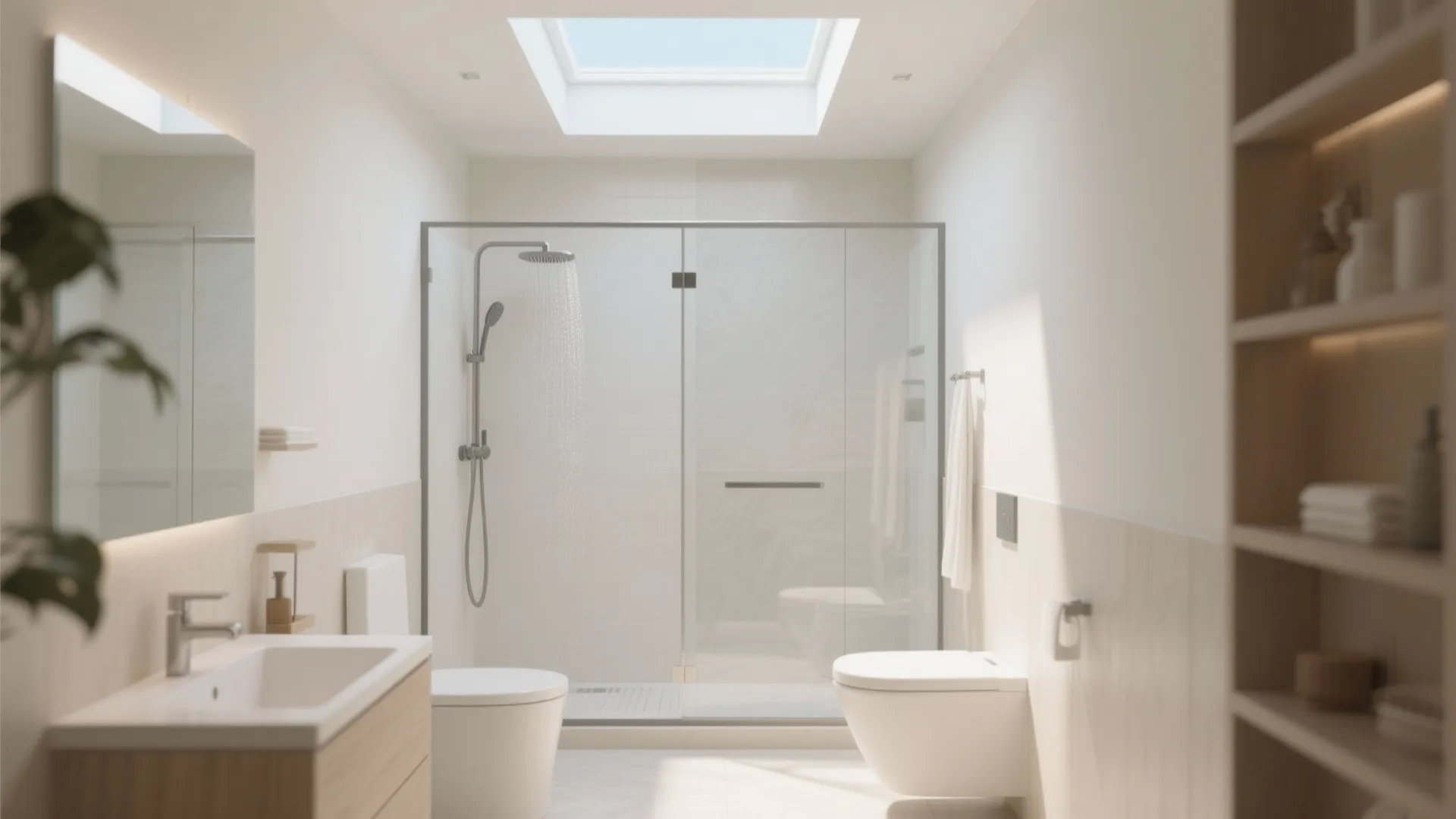 Shower with a skylight above bringing in bright natural light