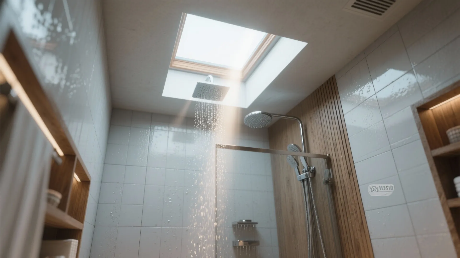 Modern shower room with sunlight coming through roof window over shower head and wood wall