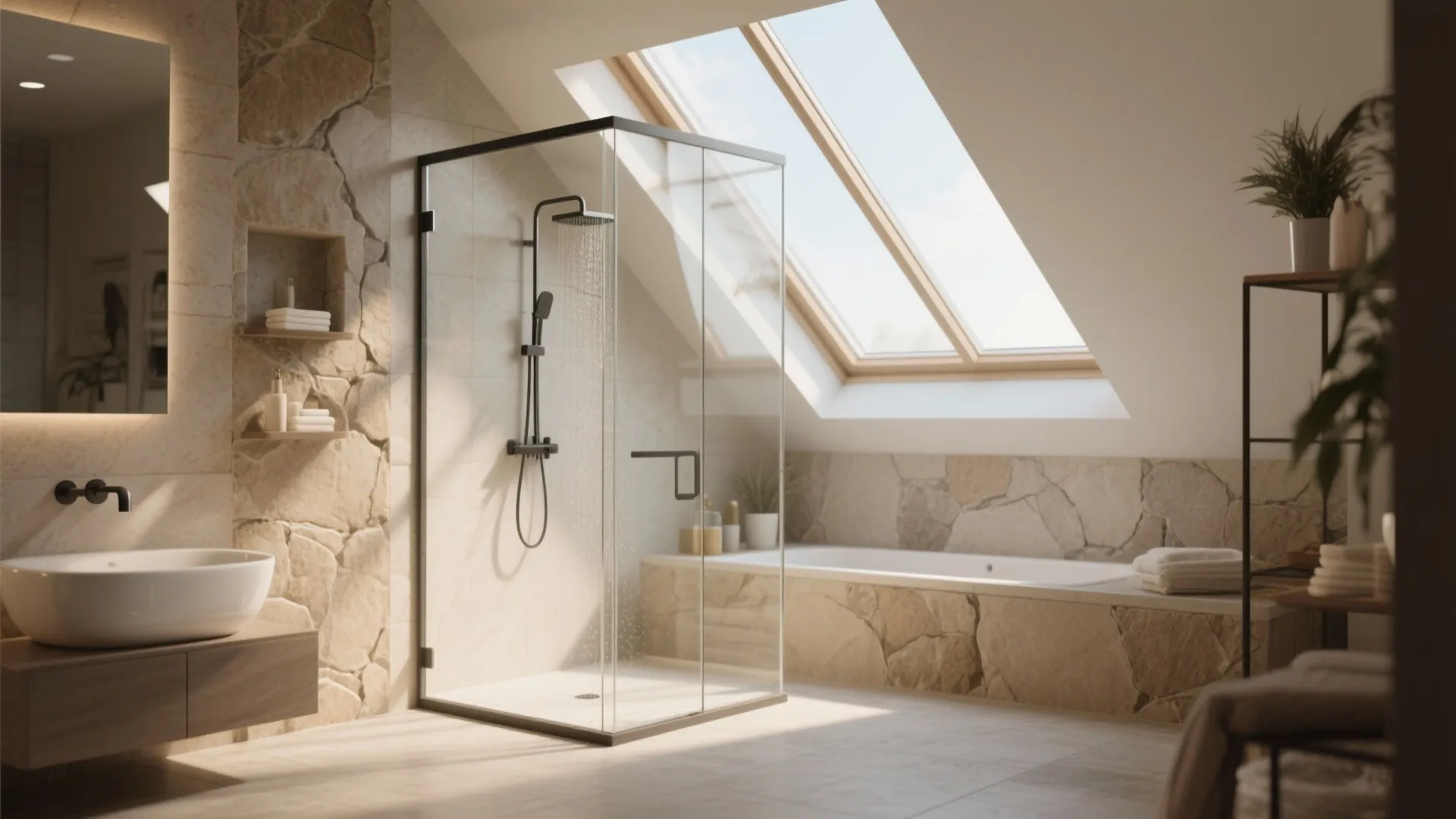 Bright loft bathroom featuring glass shower cabin stone wall bathtub and large sunlit roof window