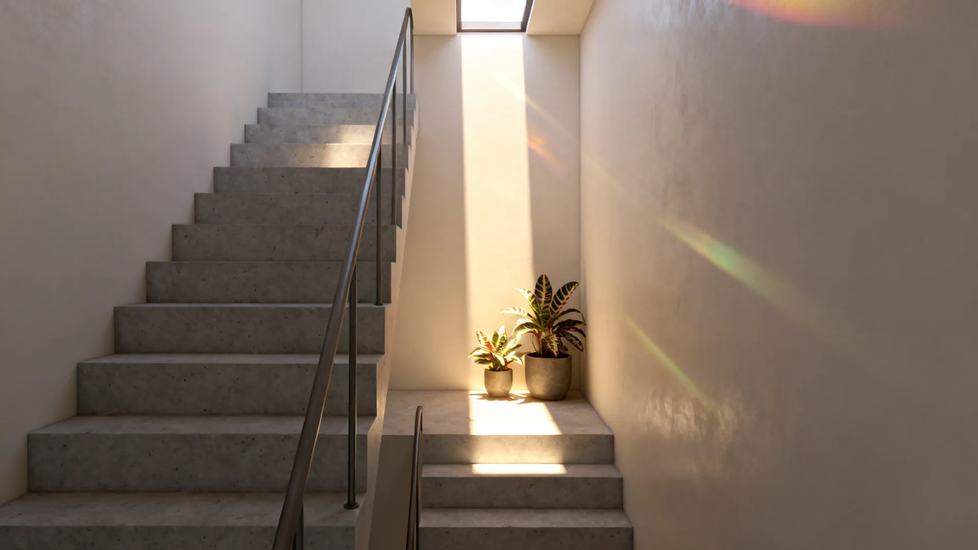 Stairwell flooded with natural light from a skylight above, brightening mid-level landing and stairs.