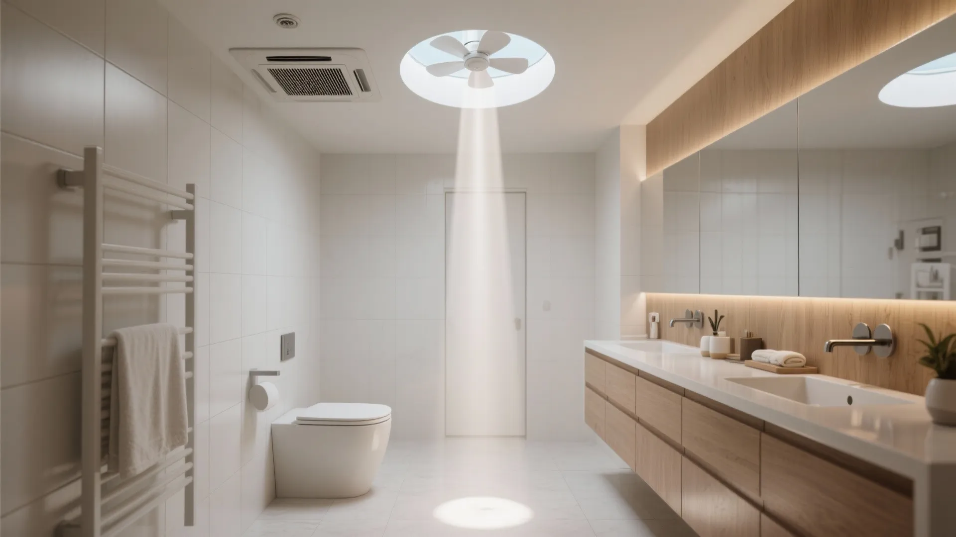 Modern bathroom with round ceiling window letting in light over a white toilet and cabinet