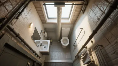 Industrial Bathroom Design with Exposed Pipes & Skylight
