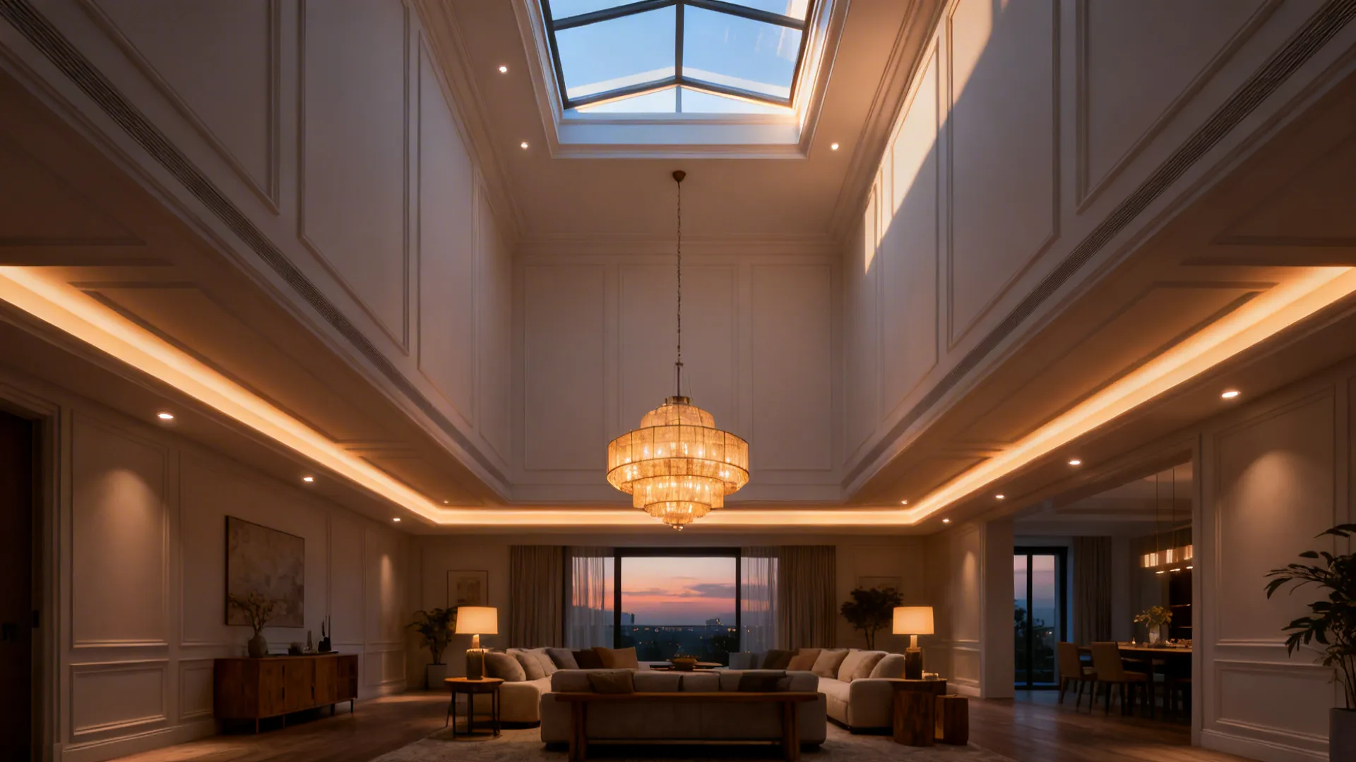 Tall living room with a skylight, recessed uplighting, and a focal chandelier over seating.