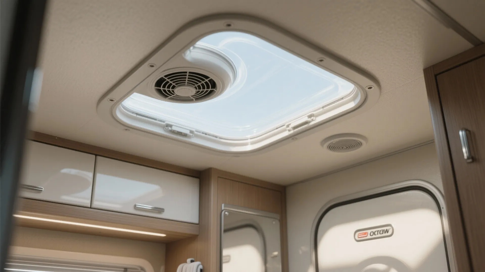Close up of a roof window with a built in fan inside a modern camper van