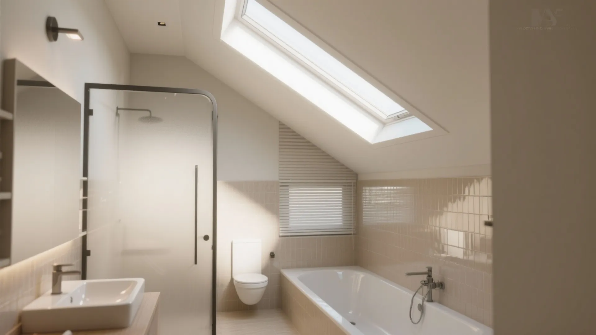Modern bathroom with white bathtub and toilet under a large roof window with natural light