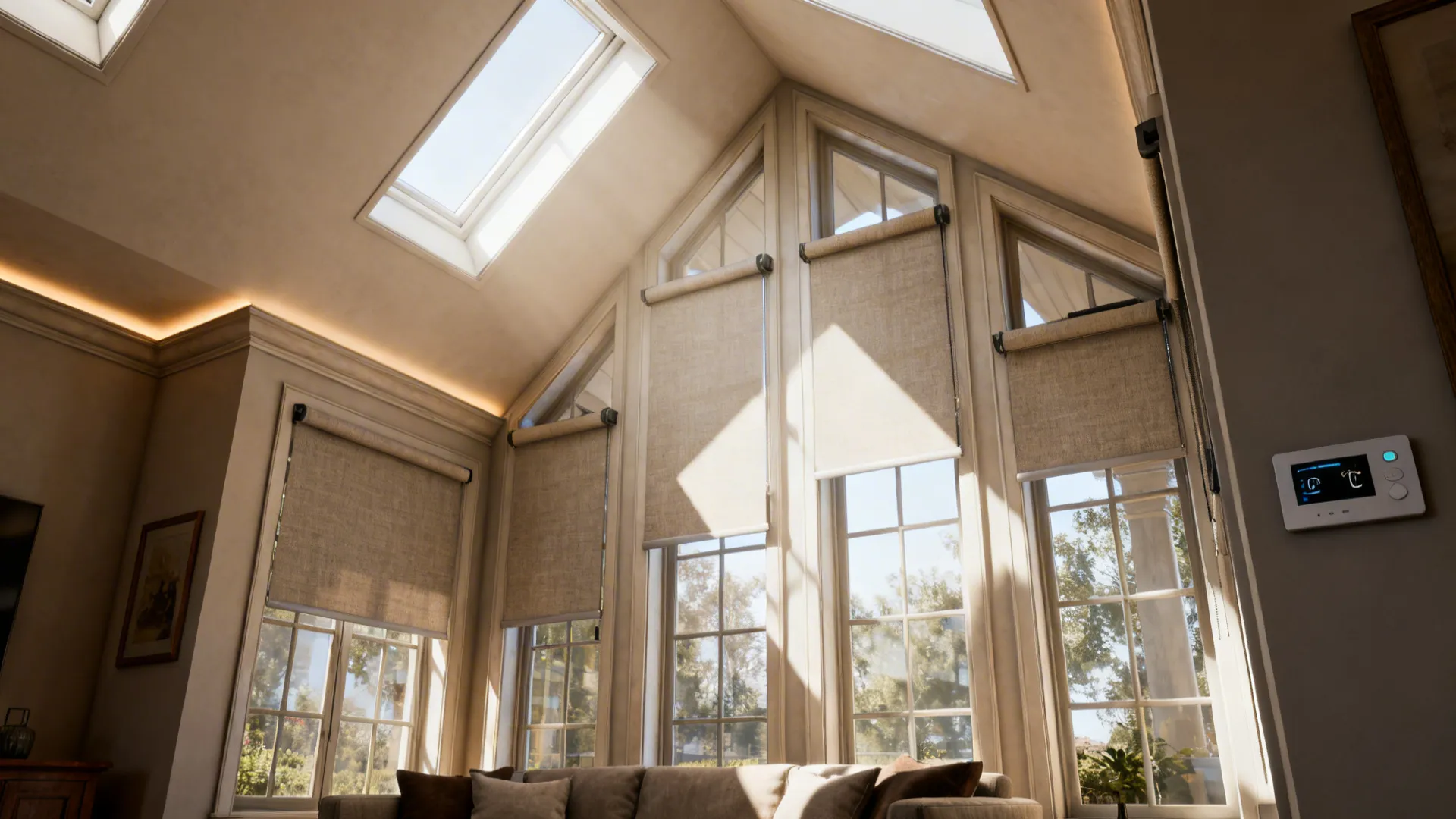 Vaulted living room with skylights and motorized shades controlling daylight and glare.