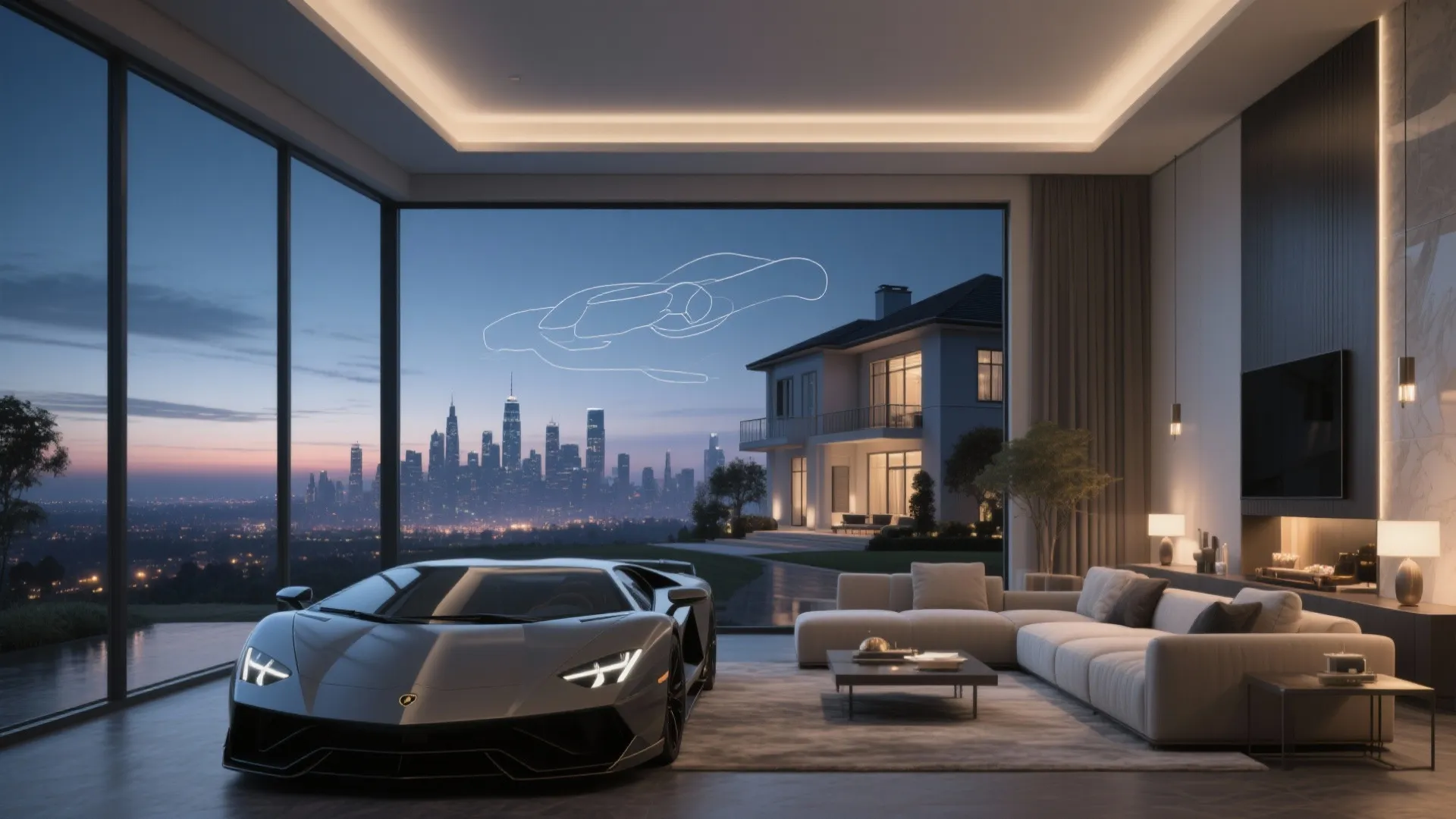 3) Panoramic Skyline + Modern Mansion Facade