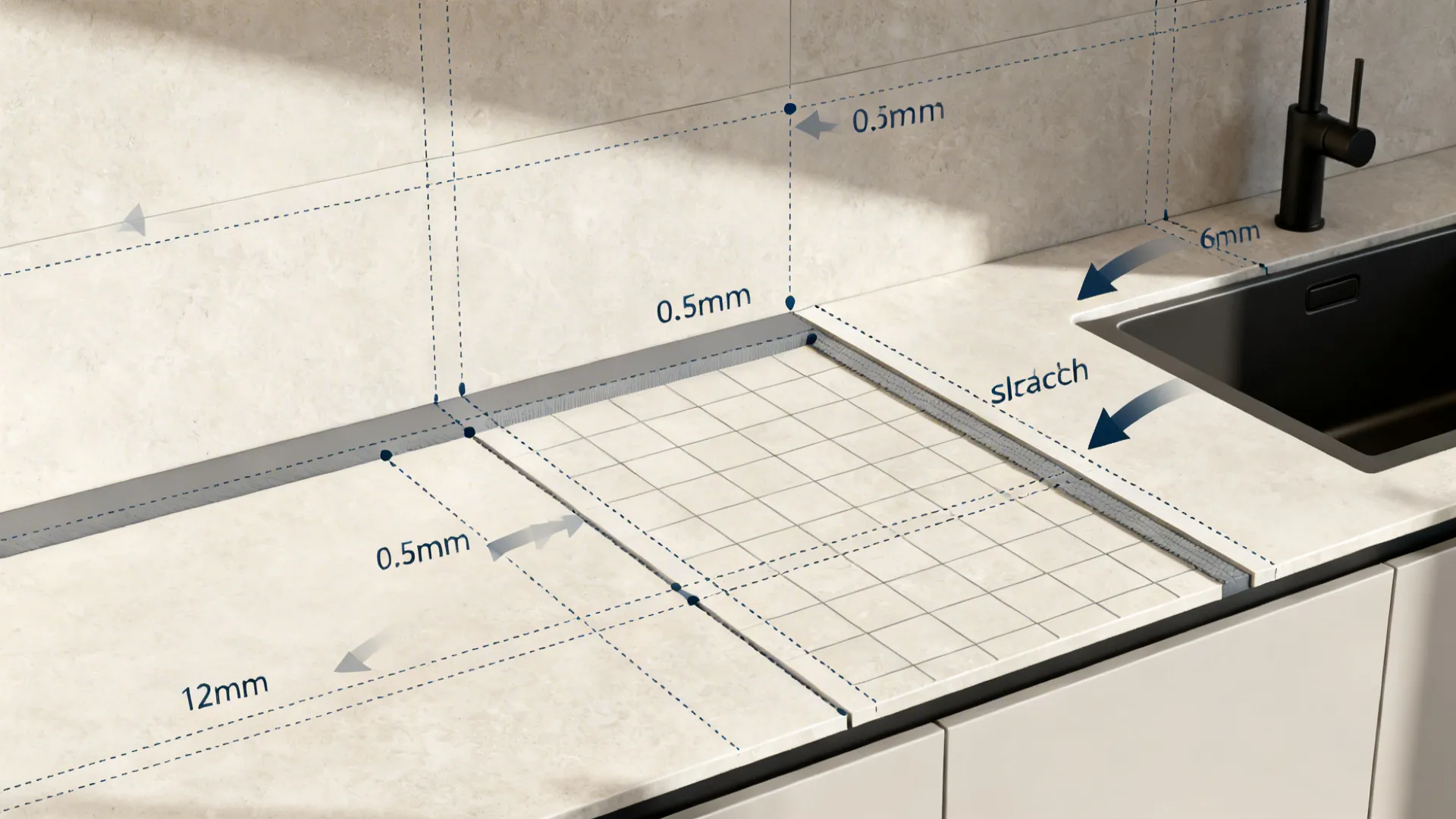 Top-down view illustrating slab alignment from countertop to backsplash with precise joints and cutouts.