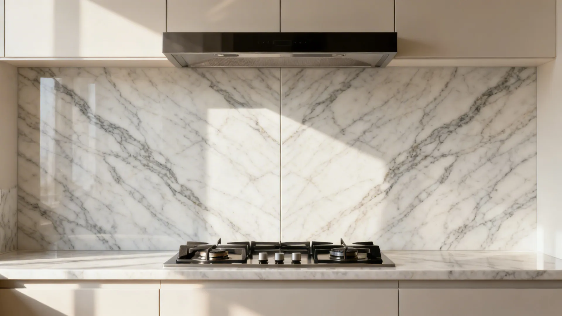 Seamless stone-look slab backsplash with bookmatched veining behind a cooktop.