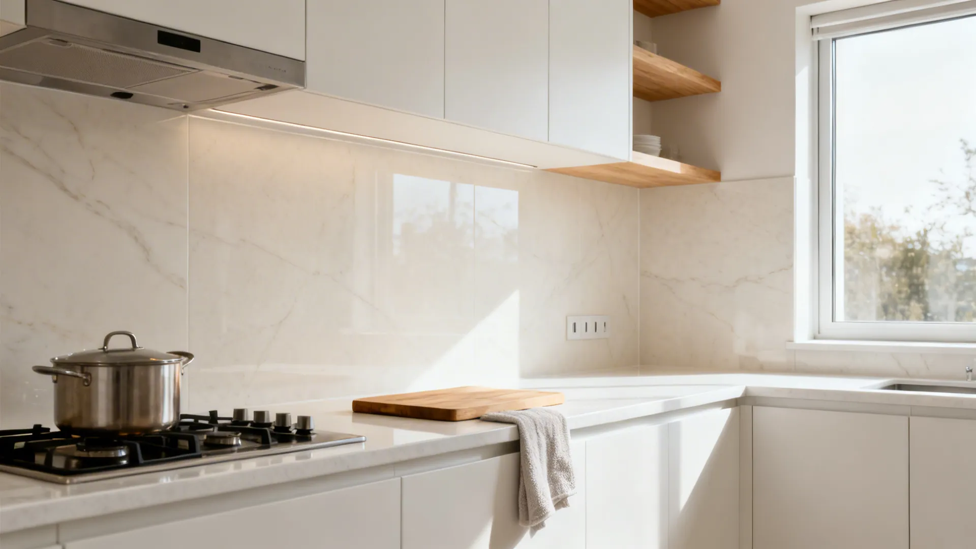 Modern white kitchen with marble wall stove wooden cutting board and large window with natural light